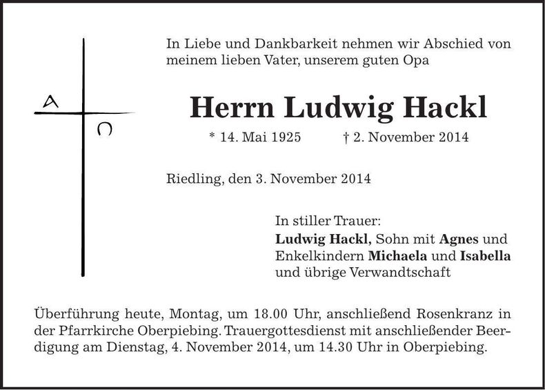 Traueranzeige Ludwig Hackl