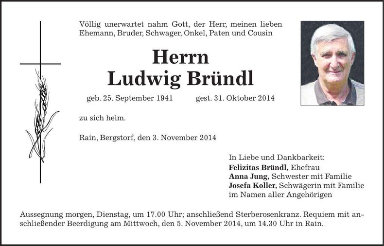 Traueranzeige Ludwig Bründl