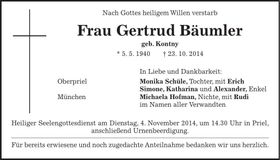 Traueranzeige Gertrud Bäumler