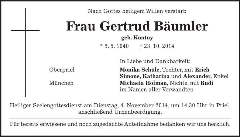 Traueranzeige Gertrud Bäumler