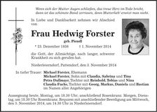 Traueranzeige Hedwig Forster