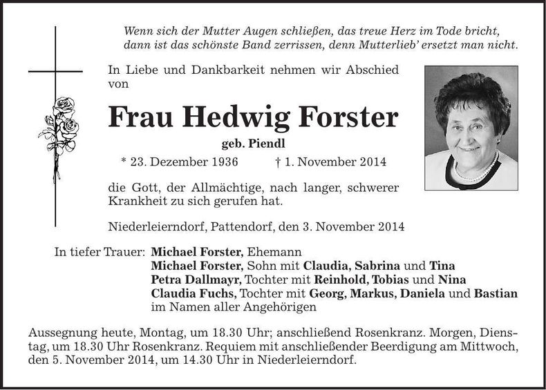 Traueranzeige Hedwig Forster