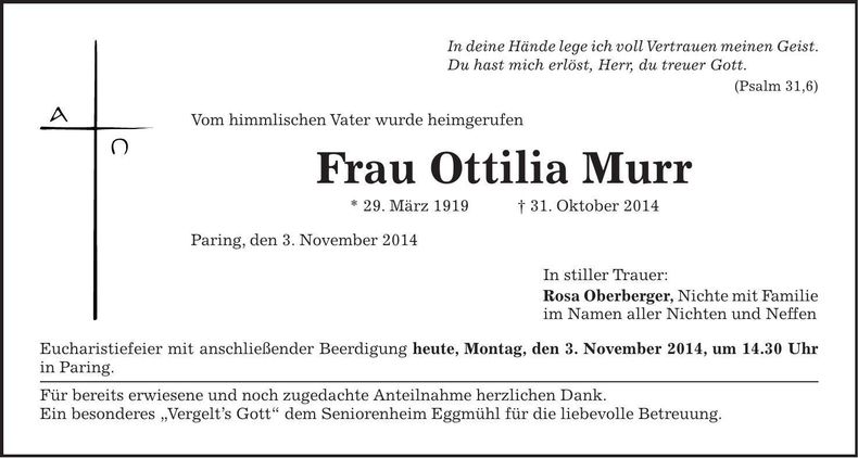 Traueranzeige Ottilia Murr