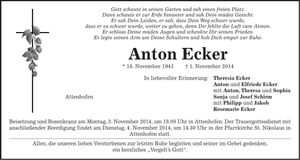 Traueranzeige Anton Ecker