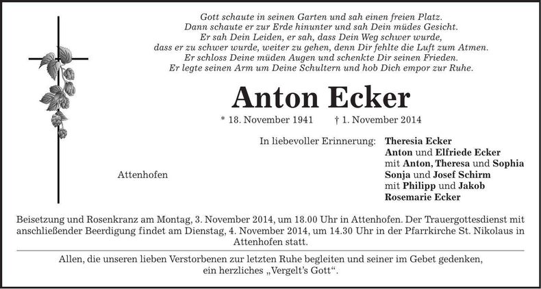 Traueranzeige Anton Ecker