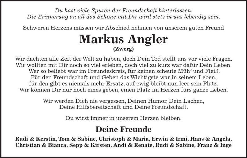 Traueranzeige Markus Angler