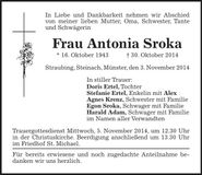 Traueranzeige Antonia Sroka