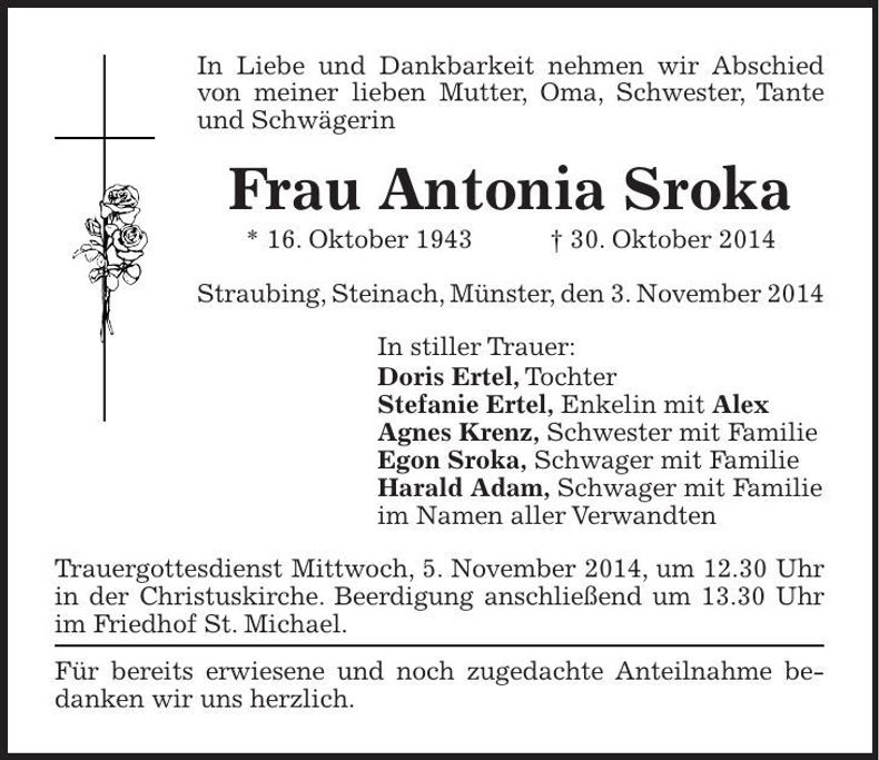 Traueranzeige Antonia Sroka