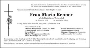 Traueranzeige Maria Renner