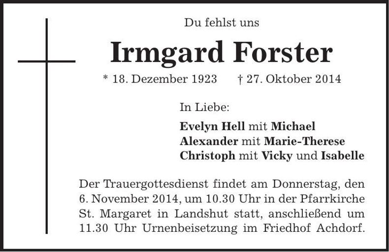 Traueranzeige Irmgard Forster