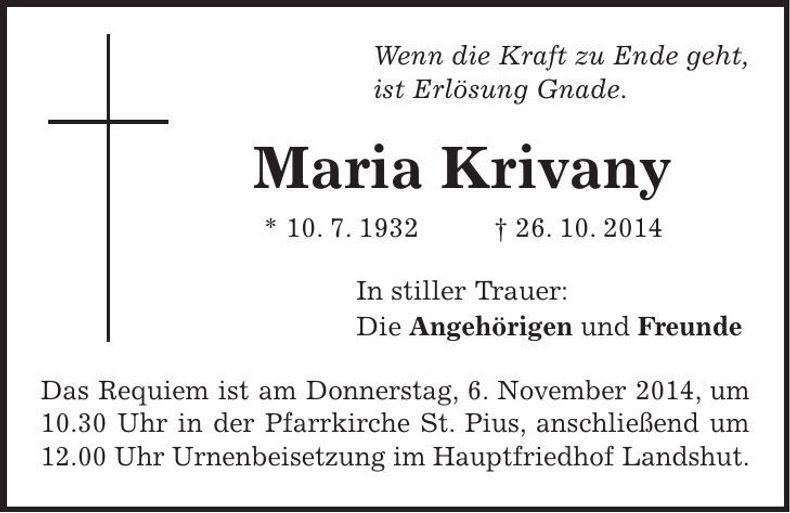 Traueranzeige Maria Krivany
