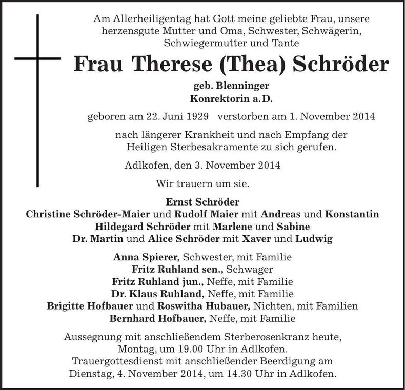 Traueranzeige Therese Schröder