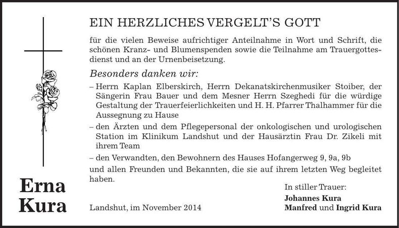Traueranzeige Erna Kura
