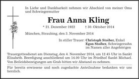 Traueranzeige Anna Kling