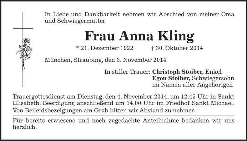 Traueranzeige Anna Kling