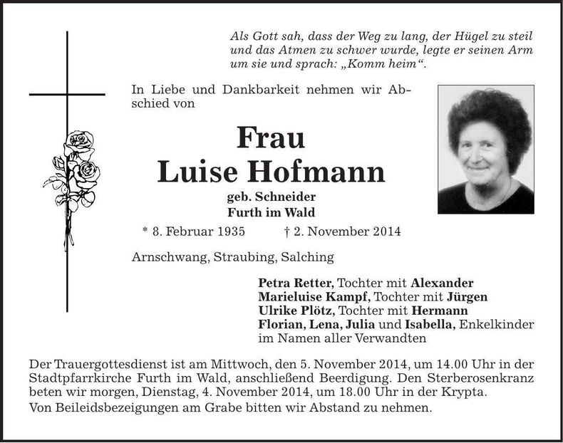 Traueranzeige Luise Hofmann