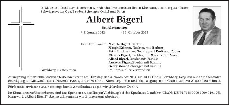 Traueranzeige Albert Bigerl