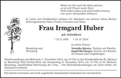 Traueranzeige Irmgard Huber