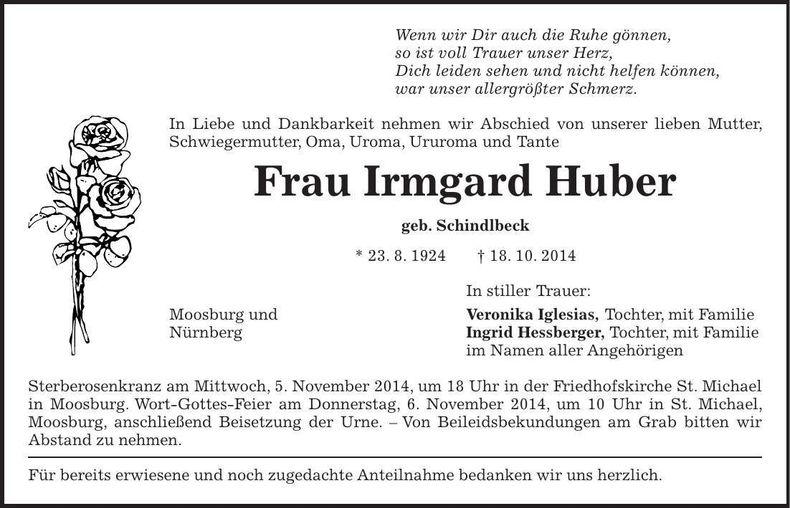 Traueranzeige Irmgard Huber