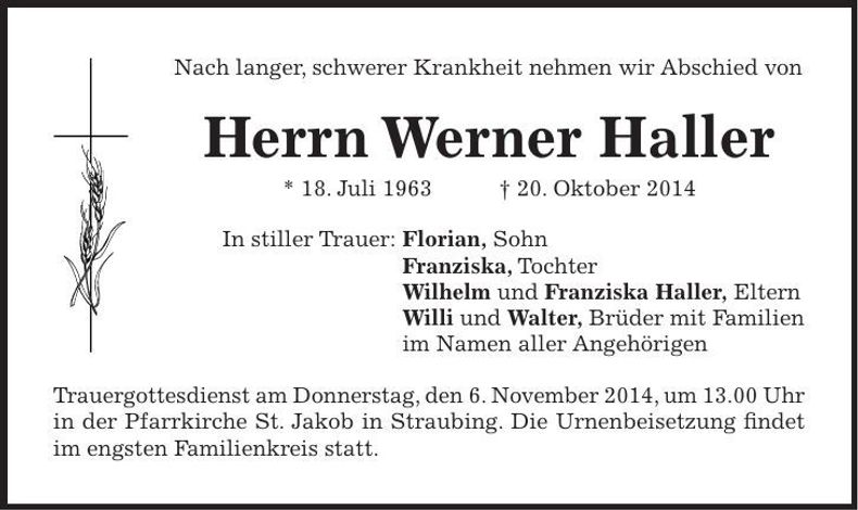 Traueranzeige Werner Haller