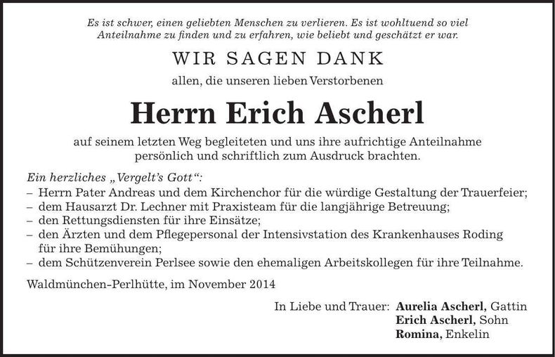 Traueranzeige Erich Ascherl