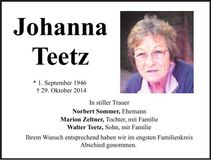 Traueranzeige Johanna Teetz