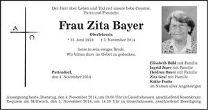 Traueranzeige Zita Bayer