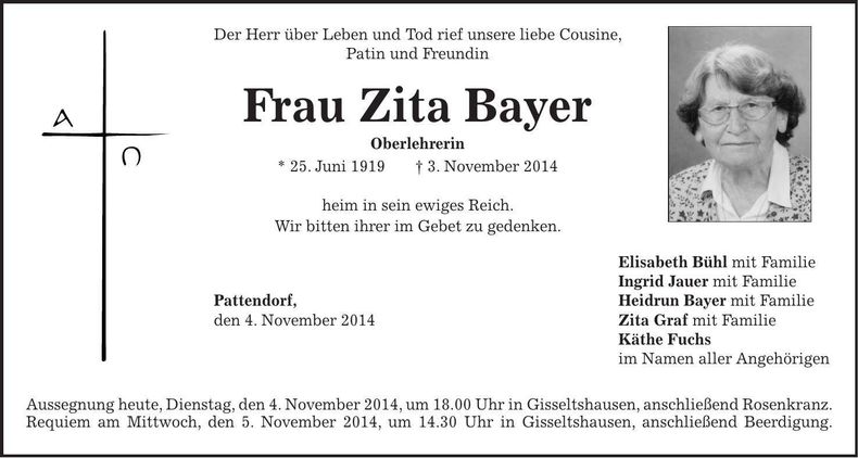 Traueranzeige Zita Bayer