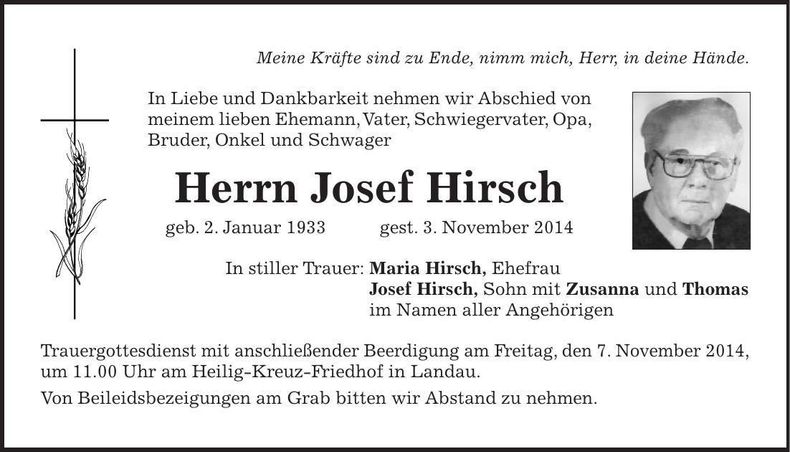 Traueranzeige Josef Hirsch