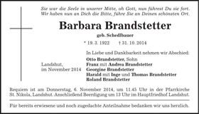 Traueranzeige Barbara Brandstetter