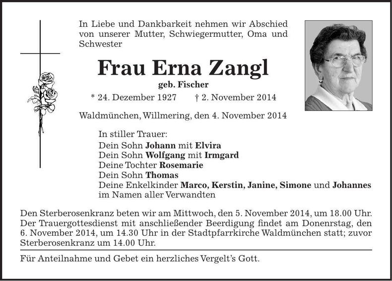 Traueranzeige Erna Zangl