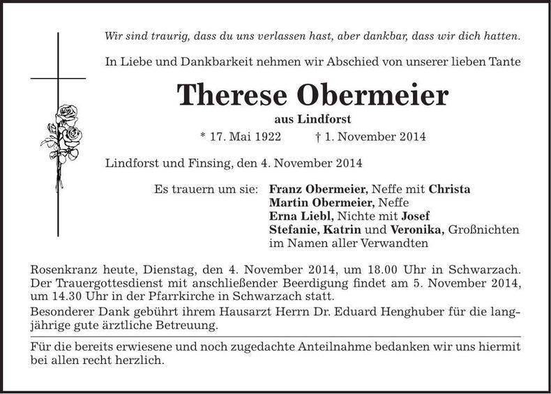 Traueranzeige Therese Obermeier