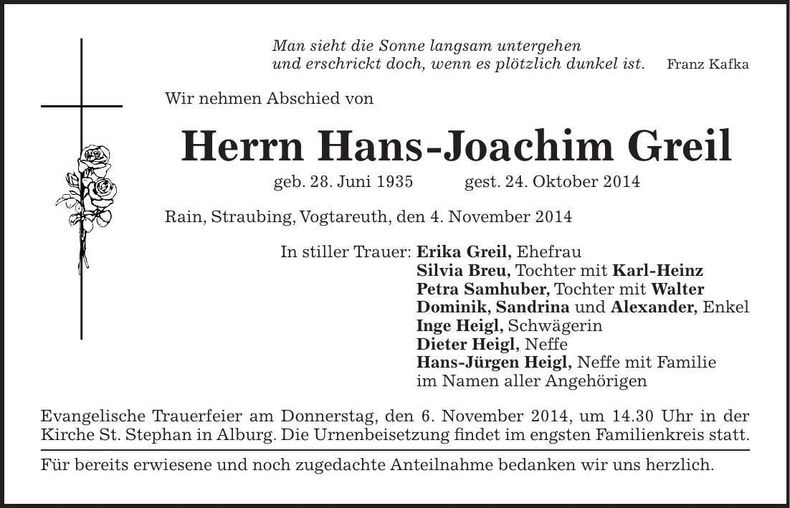 Traueranzeige Hans-Joachim Greil