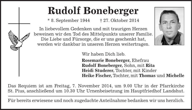 Traueranzeige Rudolf Boneberger