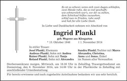 Traueranzeige Ingrid Plankl