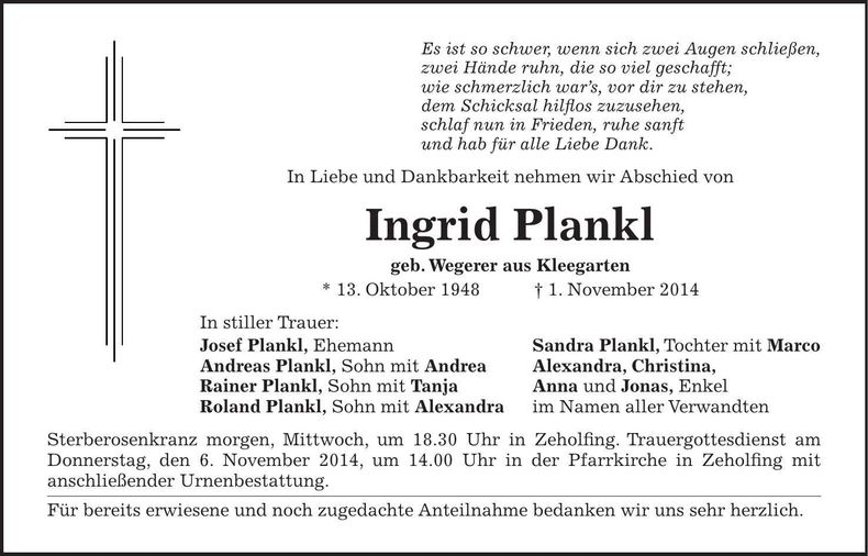 Traueranzeige Ingrid Plankl
