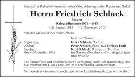 Traueranzeige Friedrich Schlack
