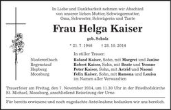 Traueranzeige Helga Kaiser