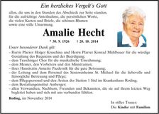 Traueranzeige Amalie Hecht