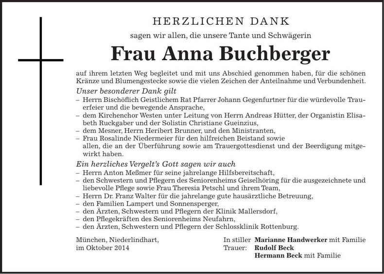 Traueranzeige Anna Buchberger