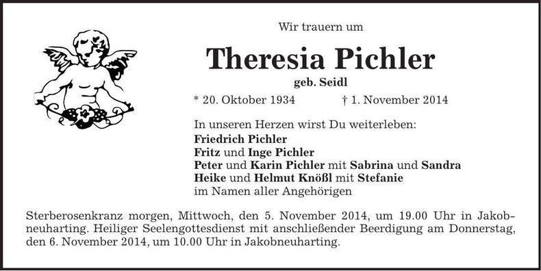 Traueranzeige Theresia Pichler