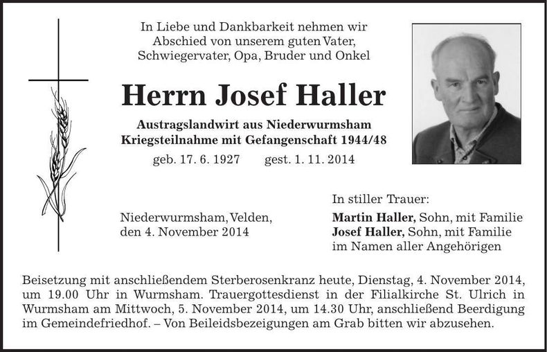 Traueranzeige Josef Haller