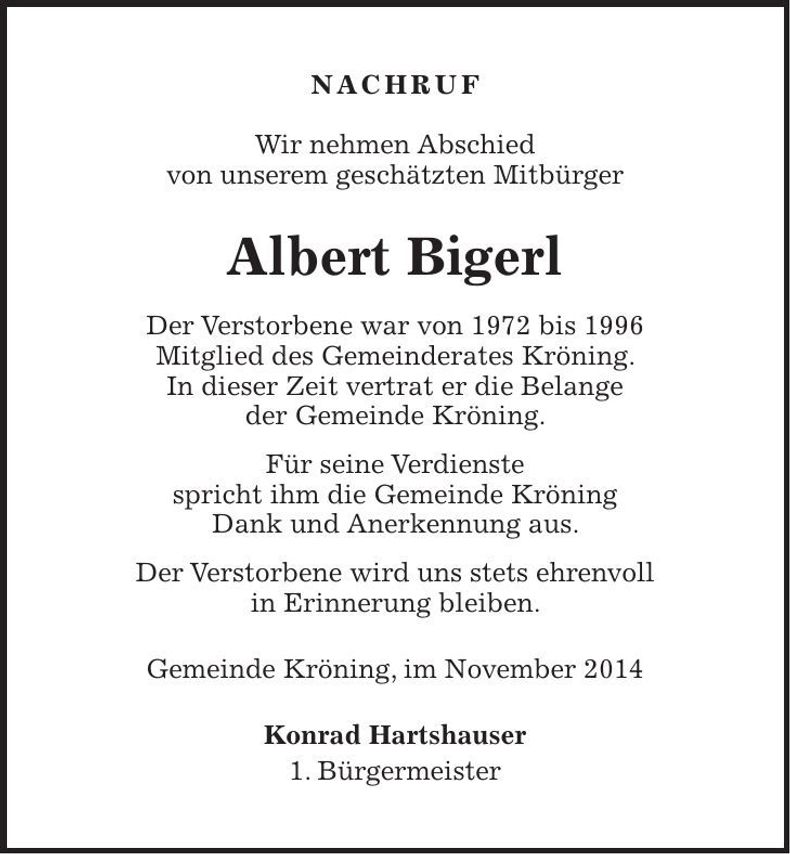 Traueranzeige Albert Bigerl