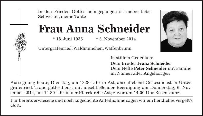 Traueranzeige Anna Schneider