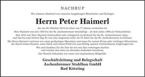 Traueranzeige Peter Haimerl