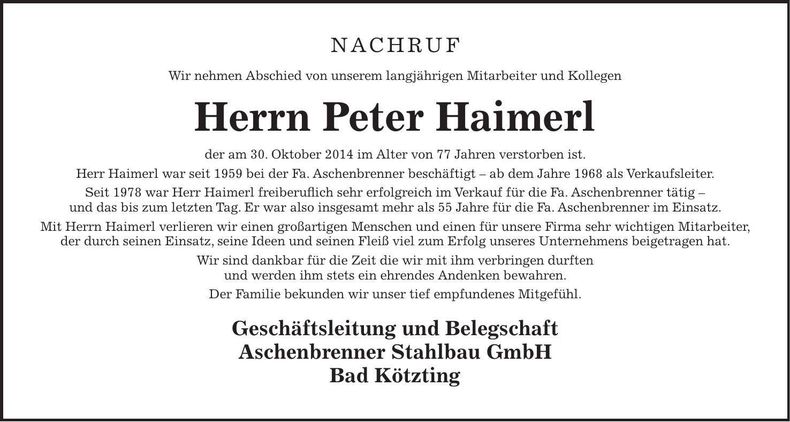 Traueranzeige Peter Haimerl