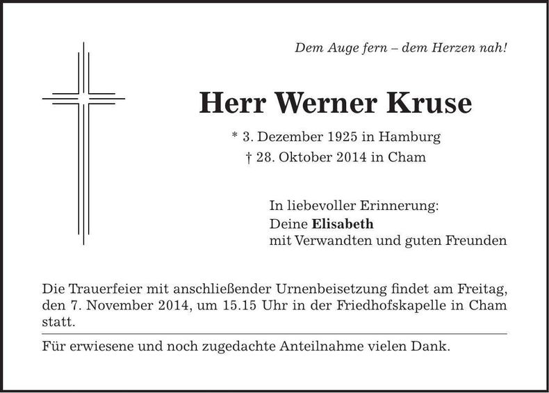 Traueranzeige Werner Kruse