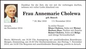 Traueranzeige Annemarie Cholewa