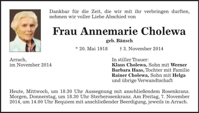 Traueranzeige Annemarie Cholewa