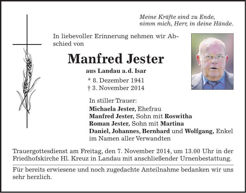 Traueranzeige Manfred Jester